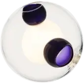 Bocci 28 pendant lights, purple glass cylinders, within a clear glass sphere, emitting warm light against an olive green backdrop.